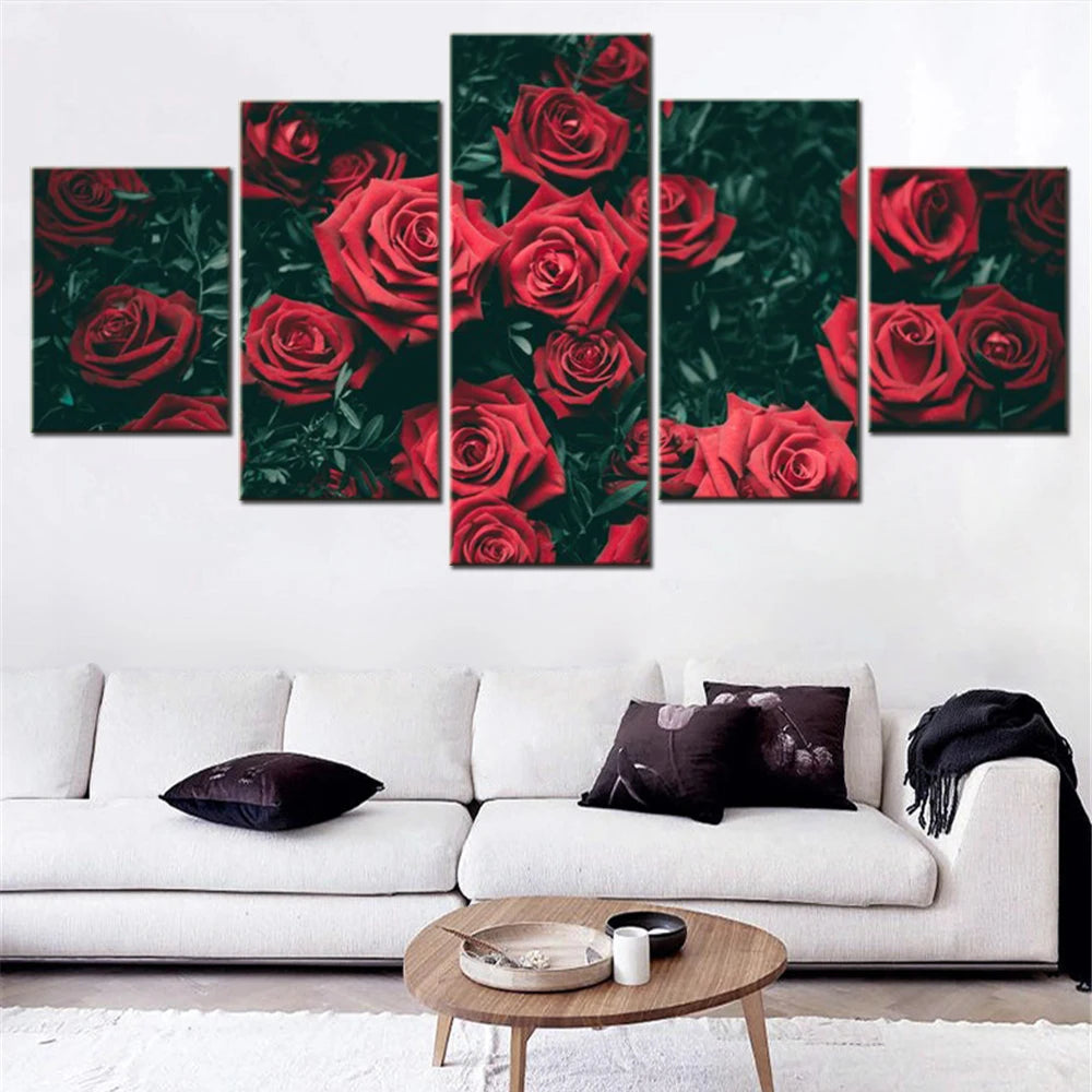 Roses Bushes Red Buds 5 Panels Painting Canvas Wall Decoration