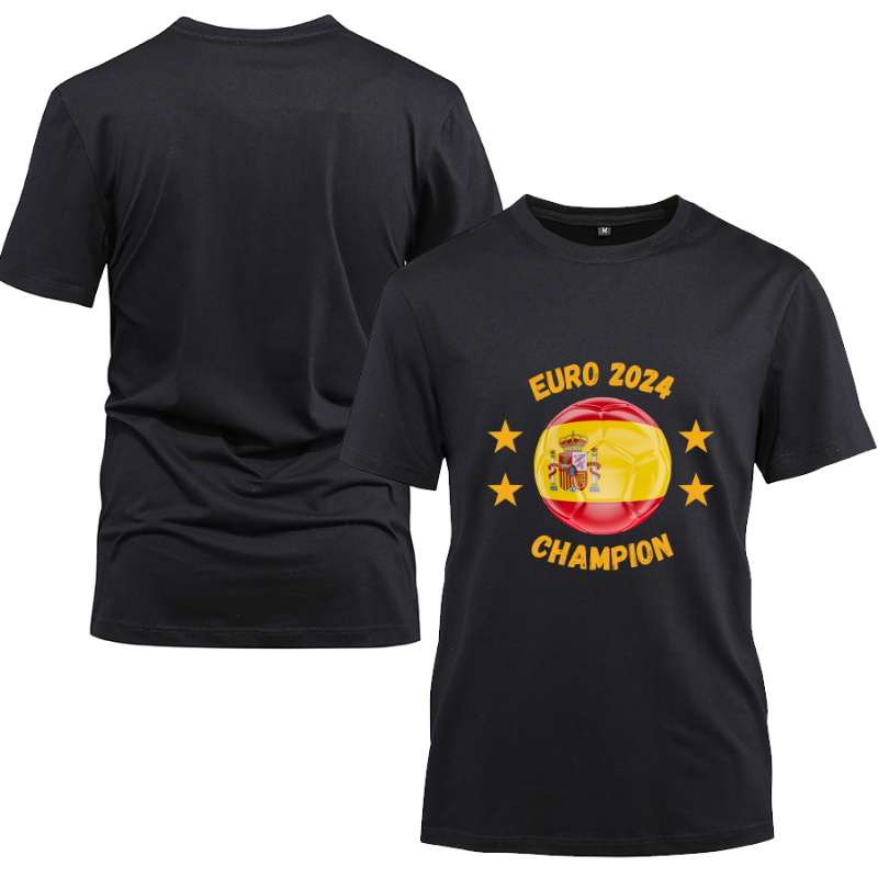 Spain EURO 2024 Champion Cotton Black Short Sleeve T-Shirt