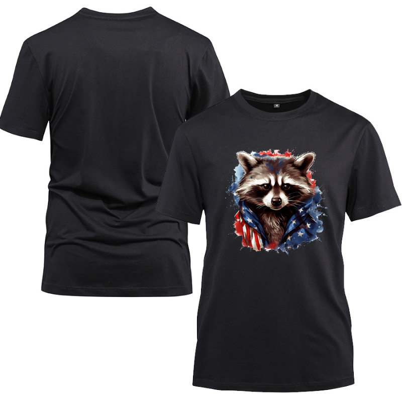 Animal Hiphop Graphic Funny Raccoon Cotton Black Short Sleeve T-Shirt