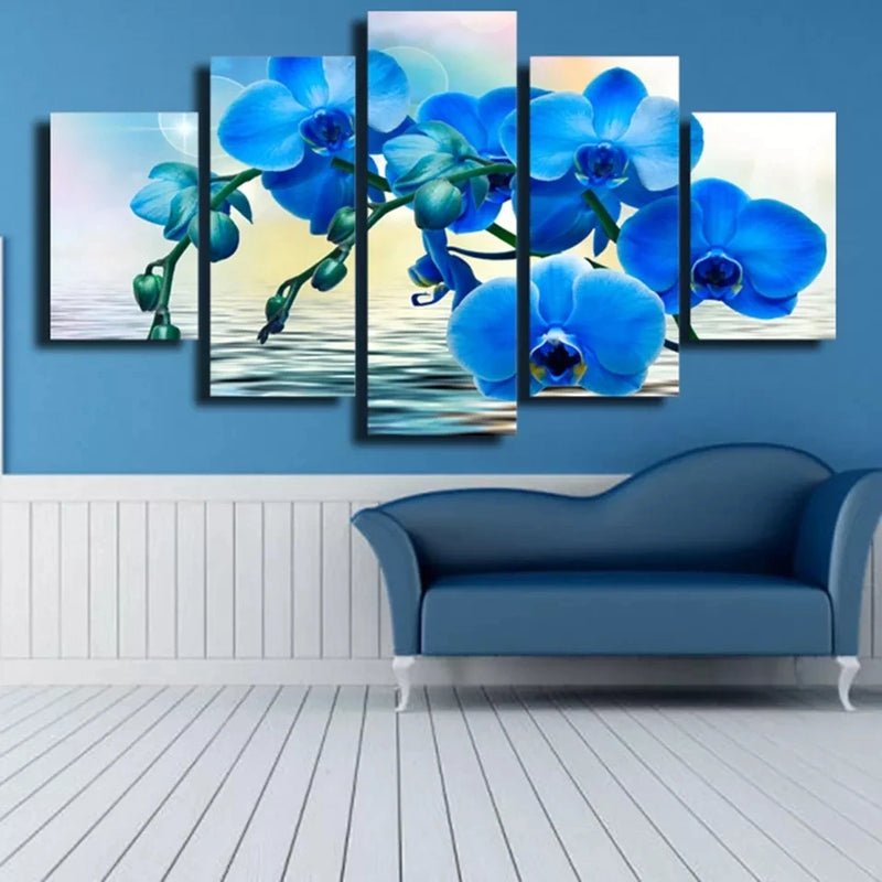 Blue Flower Spray 5 Panels Painting Canvas Wall Decoration