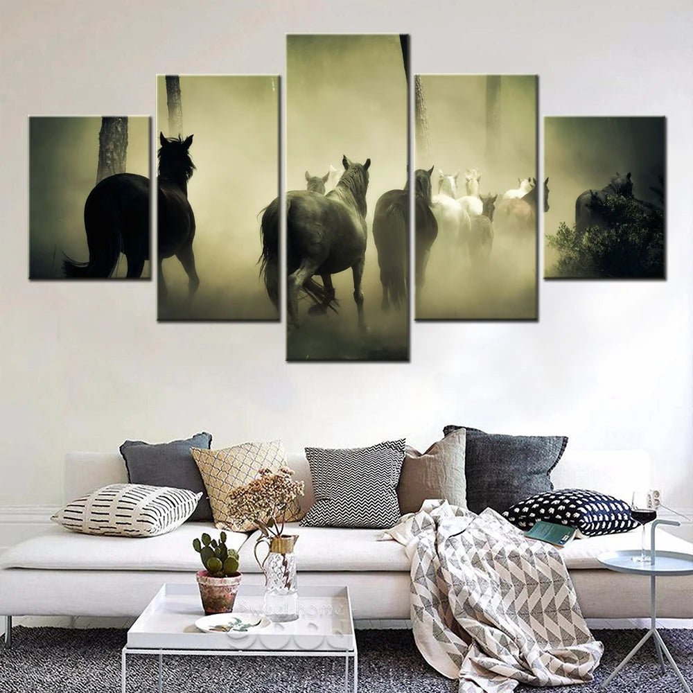 Animals Horses Herd 5 Panels Painting Canvas Wall Decoration