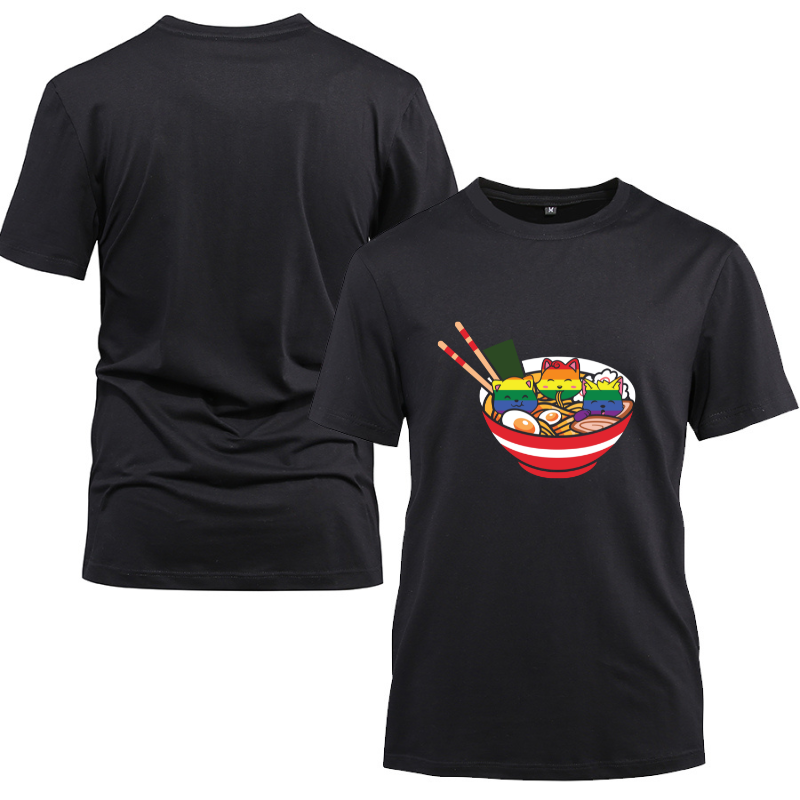 Cats Ramen Anime Food LGBTQ Rainbow Flag Cotton Black Short Sleeve T-Shirt