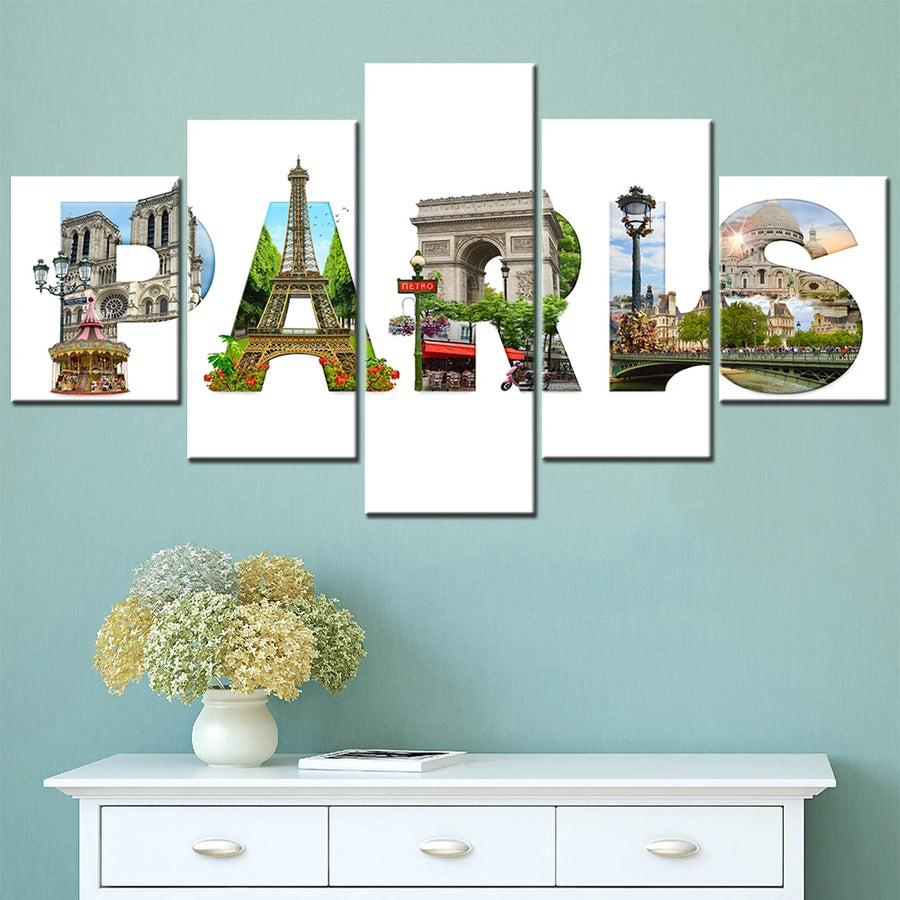 Paris City Landmarks Collage 5 Panels Painting Canvas Wall Decoration
