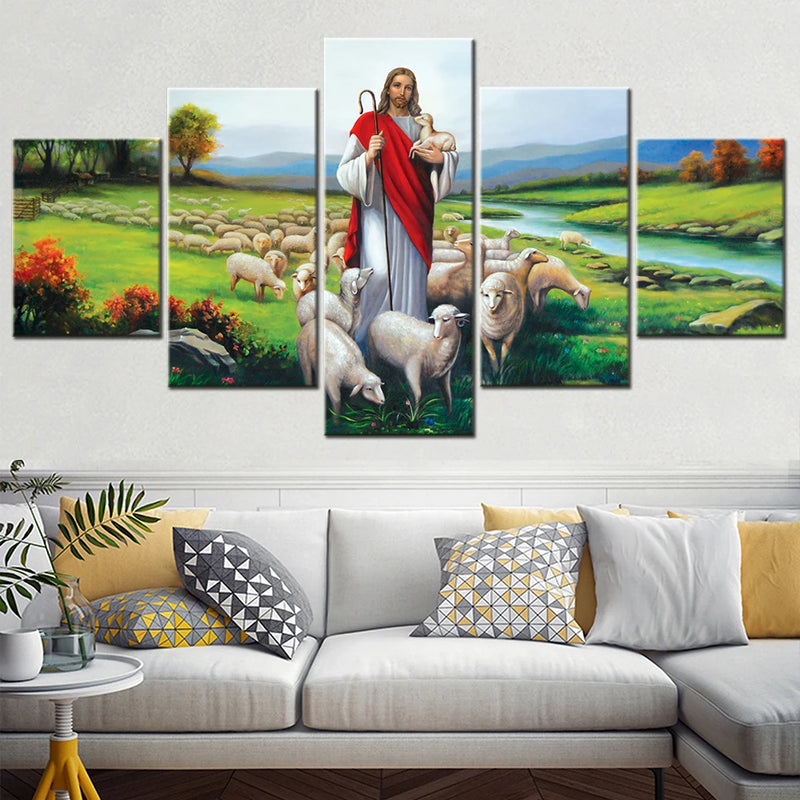 Set Jesus Shepherd 5 Panels Painting Canvas Wall Decoration