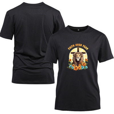 Faith Over Fear Lion of Judah Cotton Black Short Sleeve T-Shirt