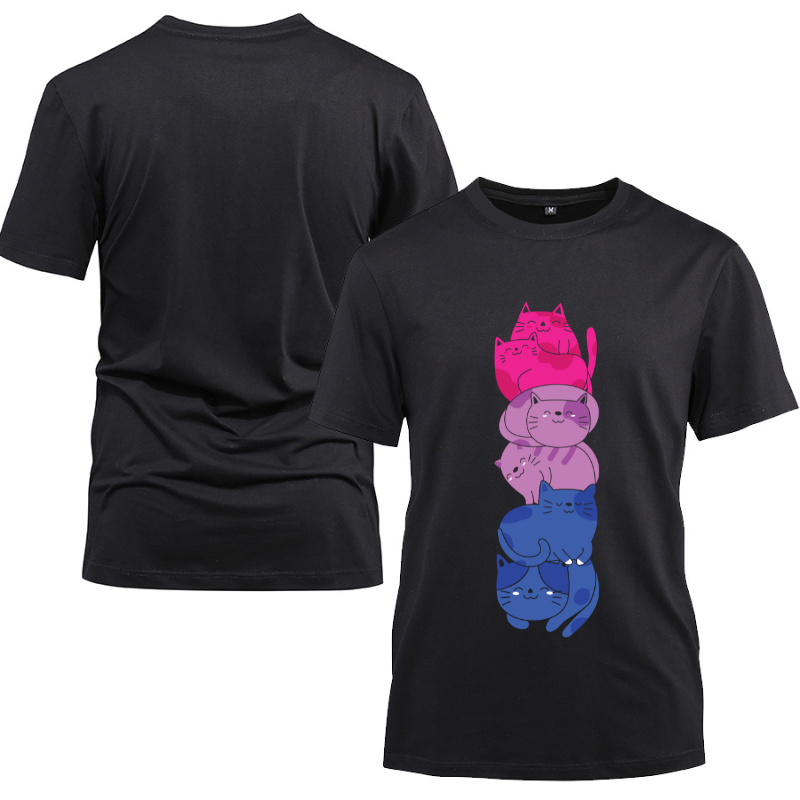 Bi Pride Cat LGBT Cute Kawaii Cats Cotton Black Short Sleeve T-Shirt