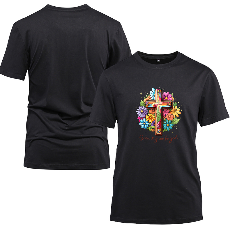 Growing with God Vibrant Cross Cotton Black Short Sleeve T-Shirt