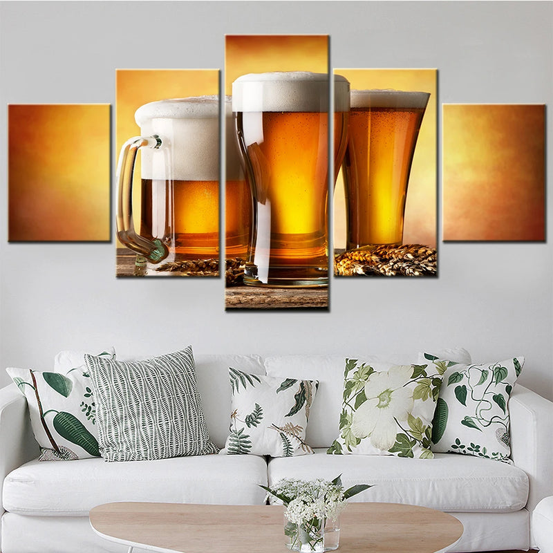 Beers and Wheat design 5 Panels Painting Canvas Wall Decoration