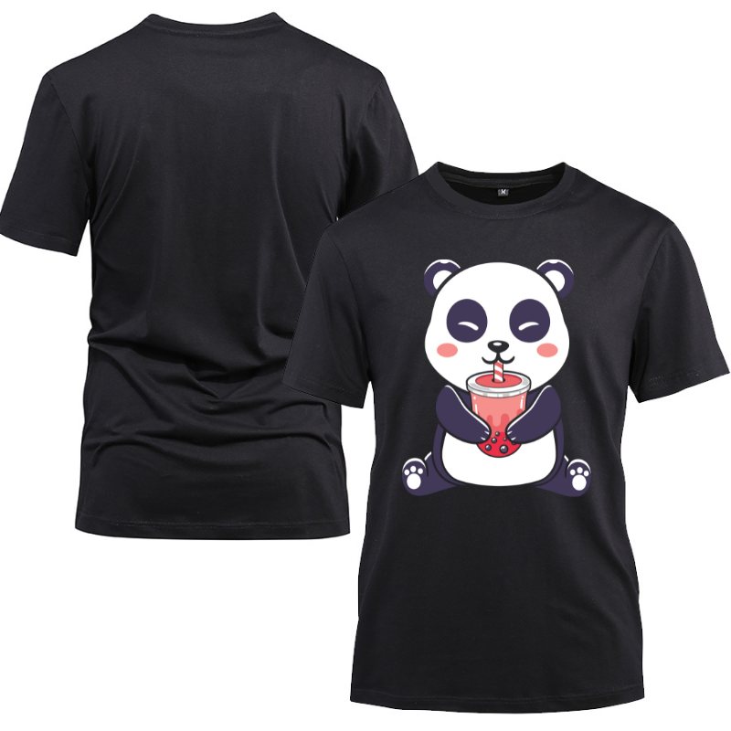 Kawaii Anime Panda Drinking Boba Tea Cotton Black Short Sleeve T-Shirt