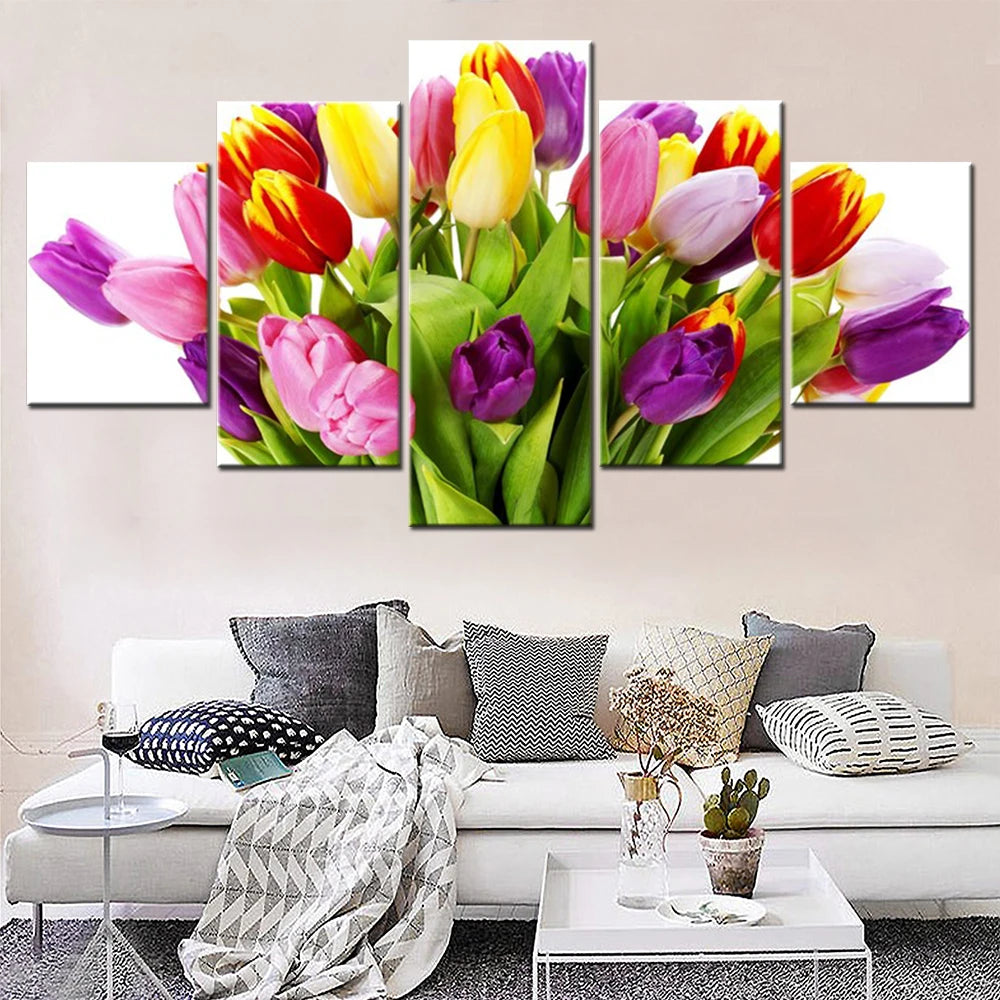 Tulips Flowers Bouquet White 5 Panels Painting Canvas Wall Decoration