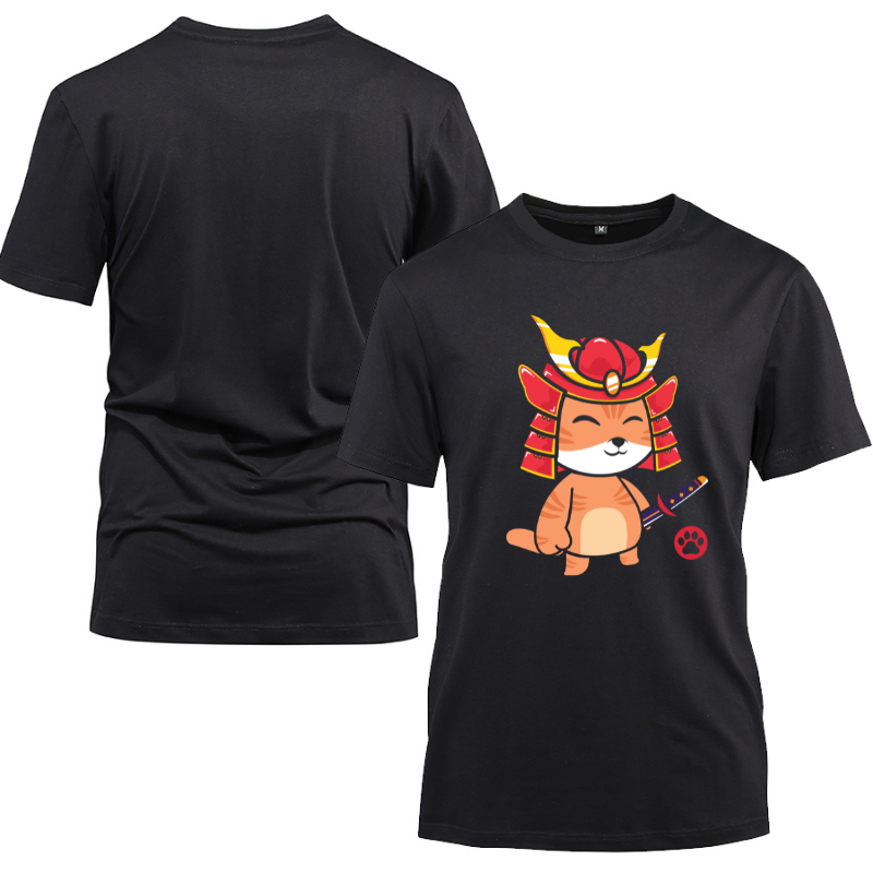 Japanese Samurai Ninja Cat Kawaii Cotton Black Short Sleeve T-Shirt