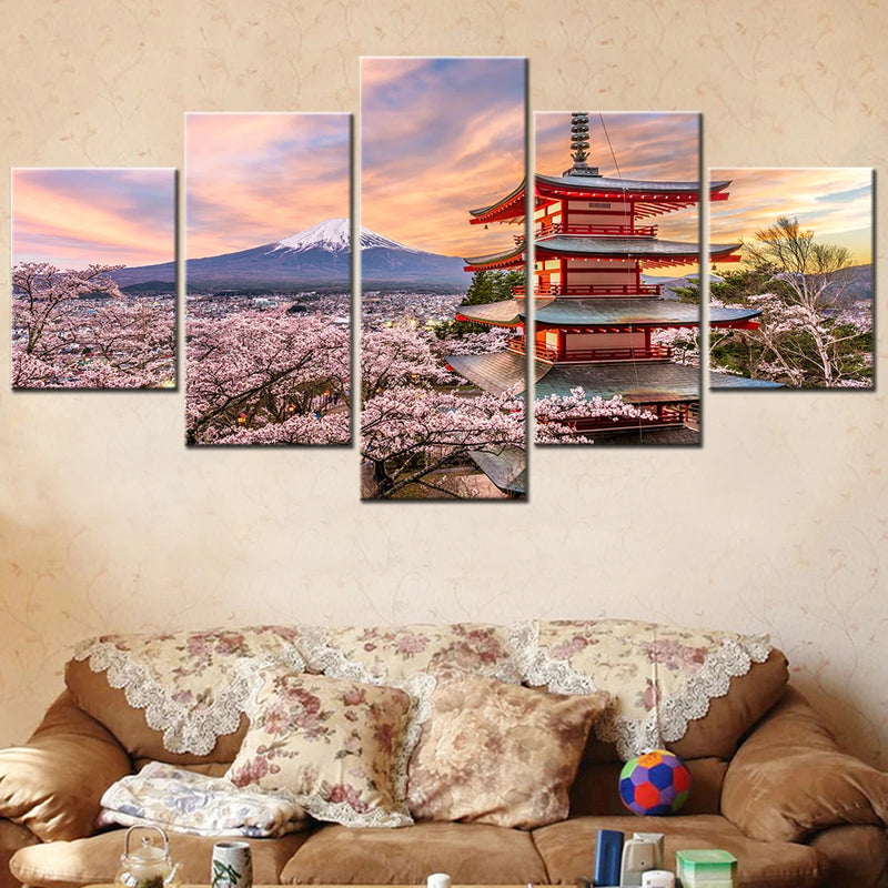 Mountain Fuji Sunset Scenery flower cute 5 Panels Painting Canvas Wall Decoration