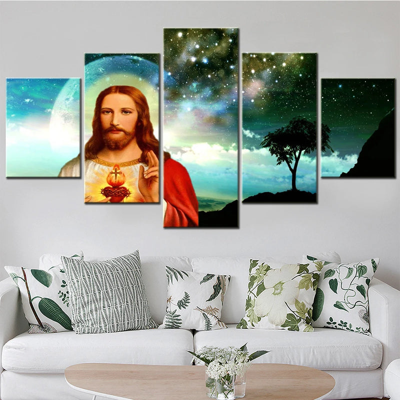 Lord Jesus In Starry Sky 5 Panels Painting Canvas Wall Decoration