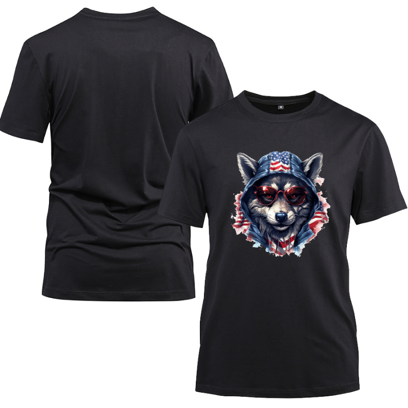 Animal Hiphop Graphic Wolf Red Glasses Cotton Black Short Sleeve T-Shirt