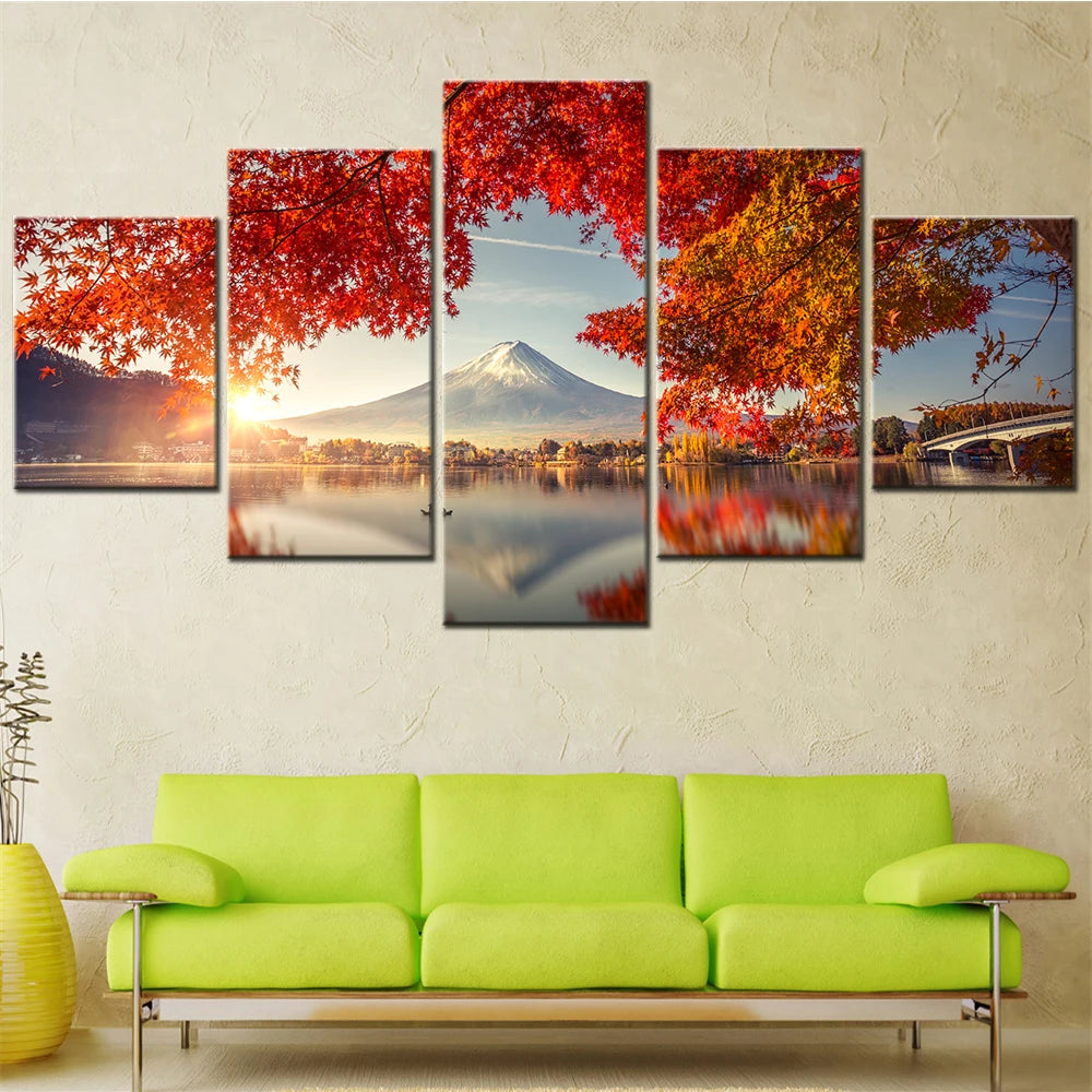Mt Fuji Lake View Flower cute 5 Panels Painting Canvas Wall Decoration