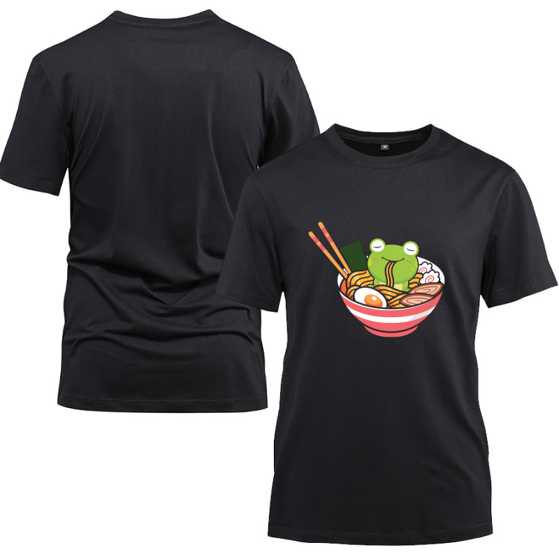 Cute Kawaii Frog Eating In Ramen Bowl Cotton Black Short Sleeve T-Shirt