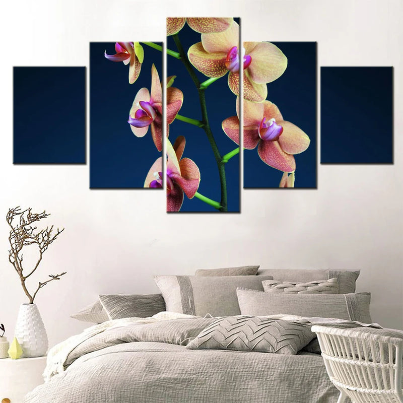 Orchid flowers Blue Background 5 Panels Painting Canvas Wall Decoration