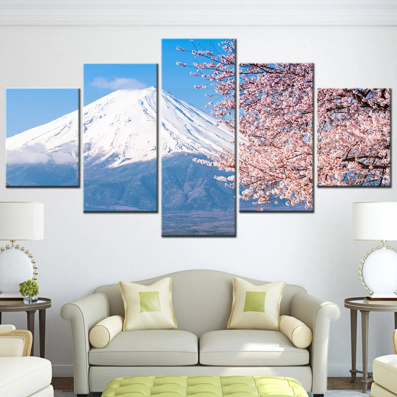 Mt Fuji Cherry Blossom cute 5 Panels Painting Canvas Wall Decoration