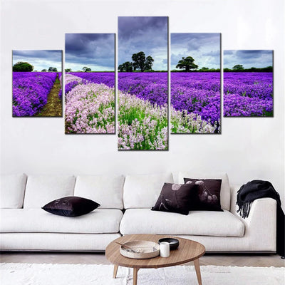 Flowers Field Nature Purple 5 Panels Painting Canvas Wall Decoration