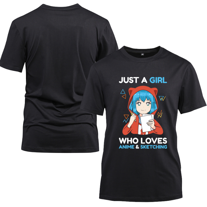 Just A Girl Who Loves Anime & Sketching Cotton Black Short Sleeve T-Shirt