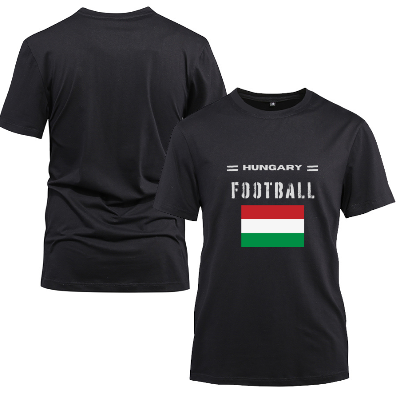 Hungary Football Cotton Black Short Sleeve T-Shirt