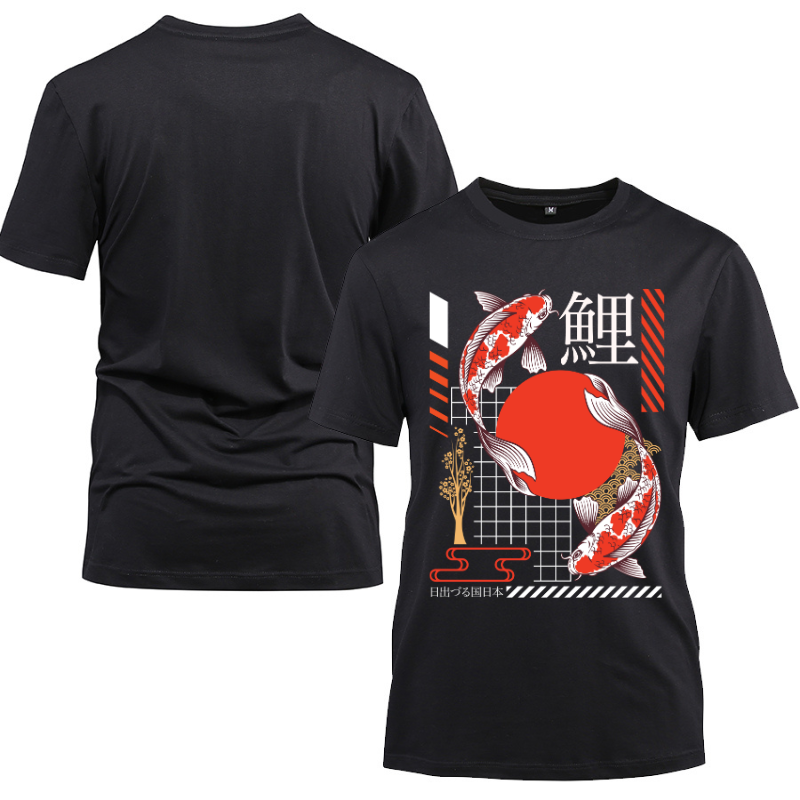 Japan Streetwear Japanese koi Cotton Black Short Sleeve T-Shirt