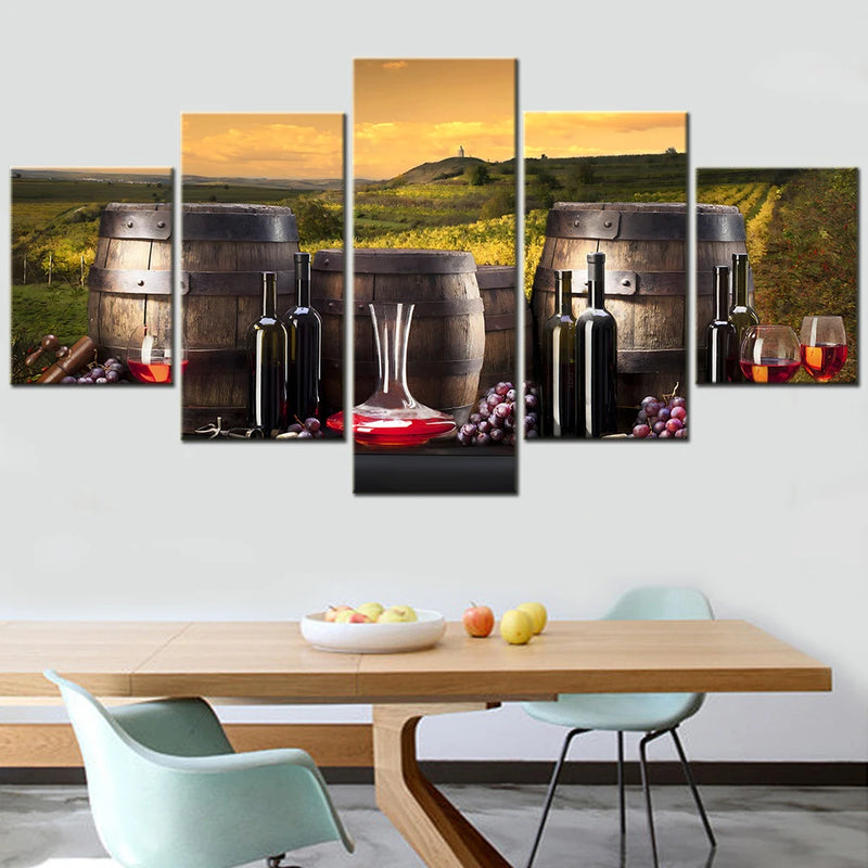 Red Wine Barrel Vineyard 5 Panels Painting Canvas Wall Decoration