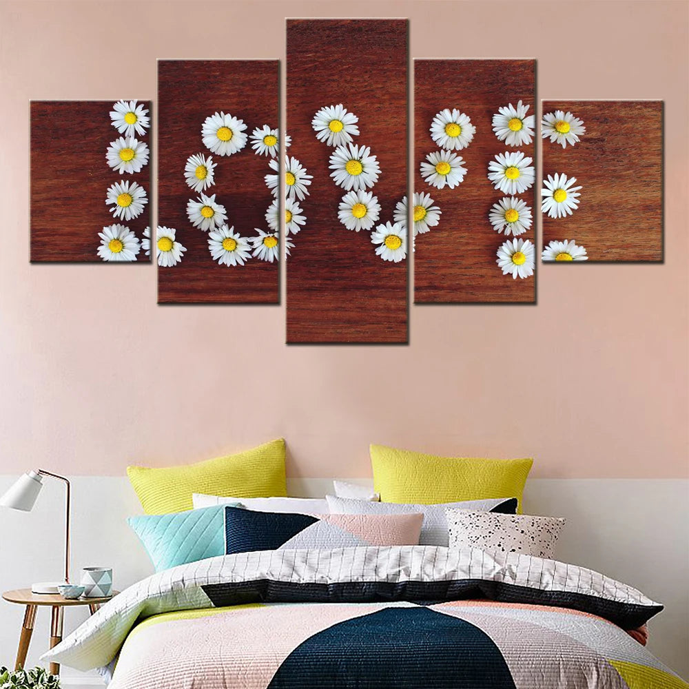 Flowers Love Word Daisy 5 Panels Painting Canvas Wall Decoration