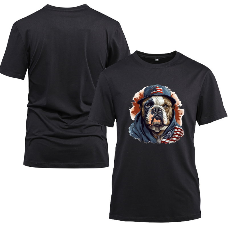Animal Hiphop Graphic Funny Bulldog Cotton Black Short Sleeve T-Shirt