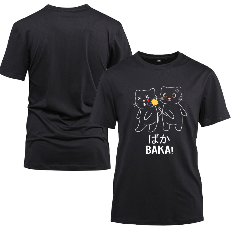 Funny Cute Anime Baka Neko Slap Anime Cotton Black Short Sleeve T-Shirt