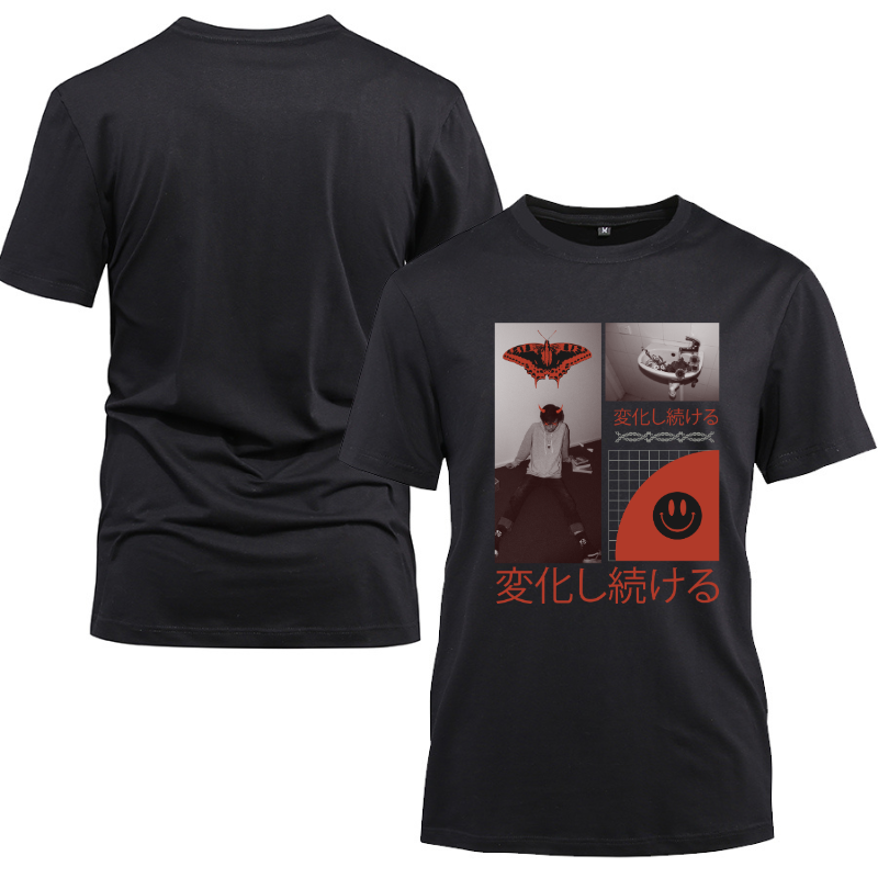 Anime Japanese Streetwear keep changing Cotton Black Short Sleeve T-Shirt