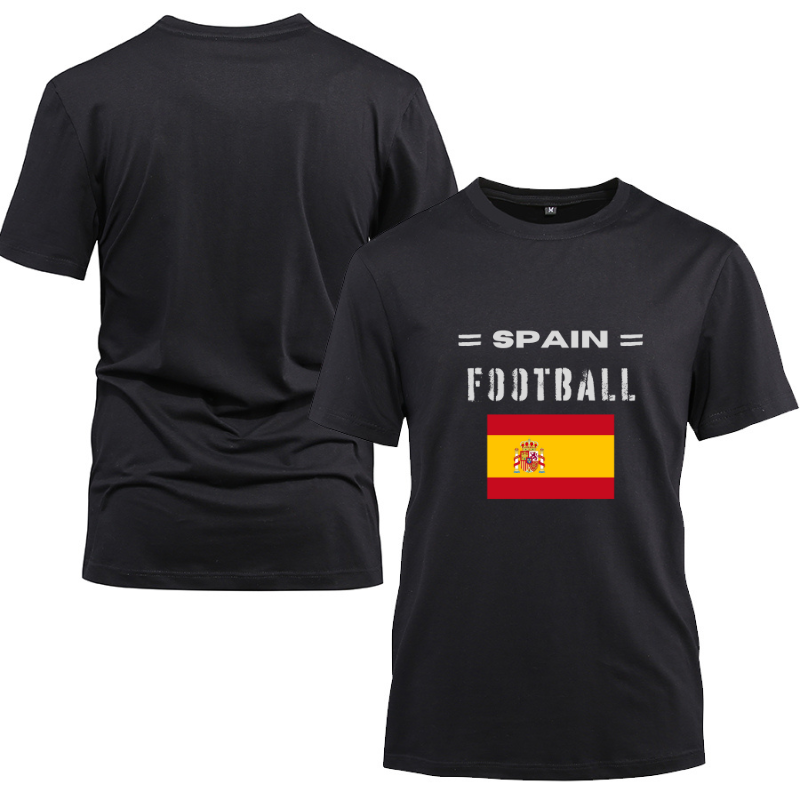 Spain Football Cotton Black Short Sleeve T-Shirt