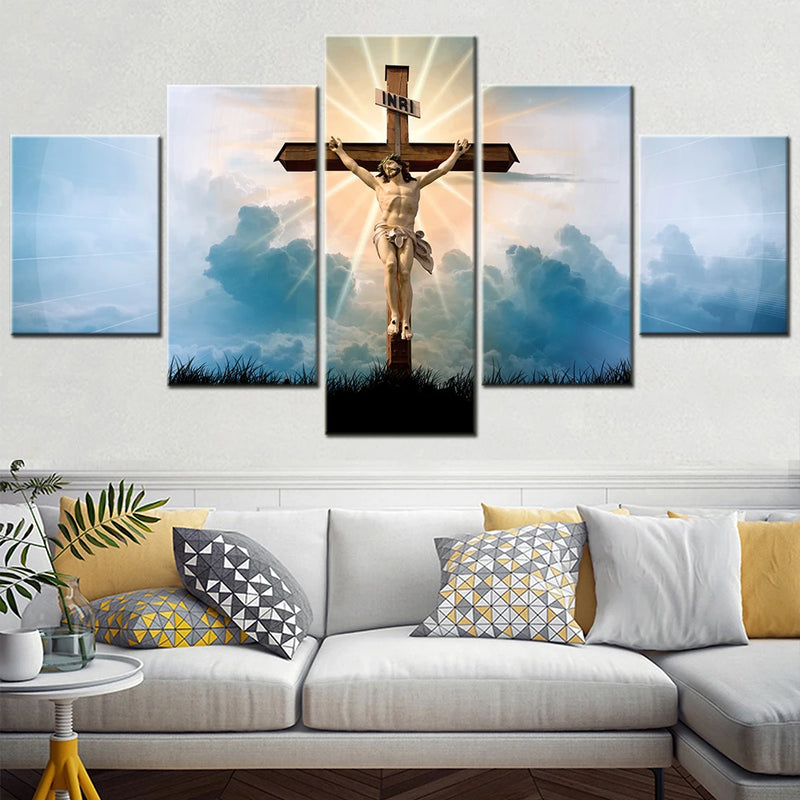 Christian Religion Jesus God Cross 5 Panels Painting Canvas Wall Decoration