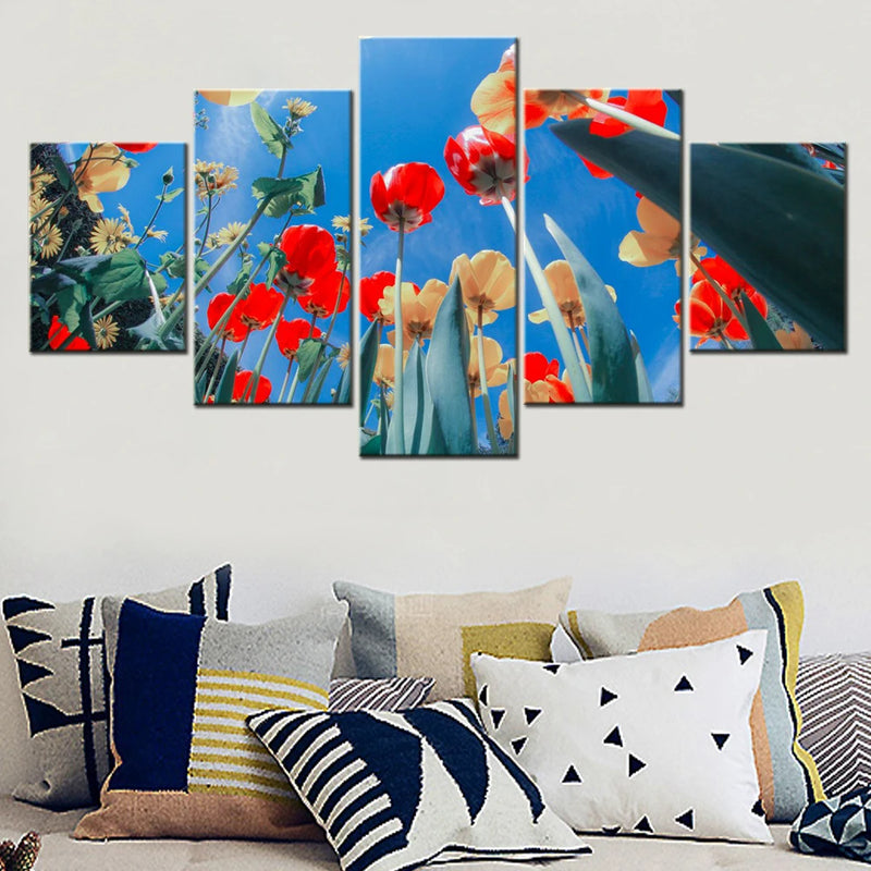 Tulips Flower garden 5 Panels Painting Canvas Wall Decoration