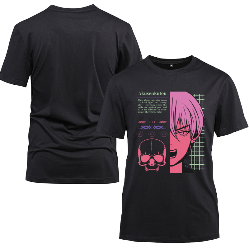 Anime Japanese Streetwear Akusenkutou Cotton Black Short Sleeve T-Shirt