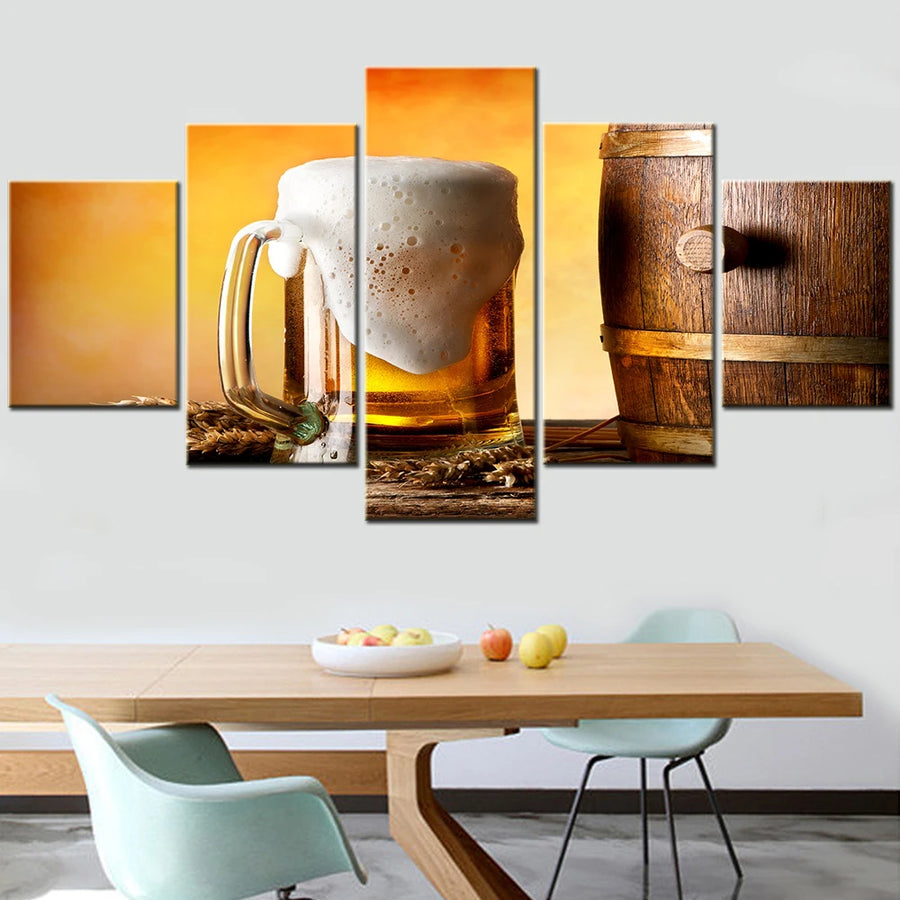 Beer Wheat Barrel 5 Panels Painting Canvas Wall Decoration