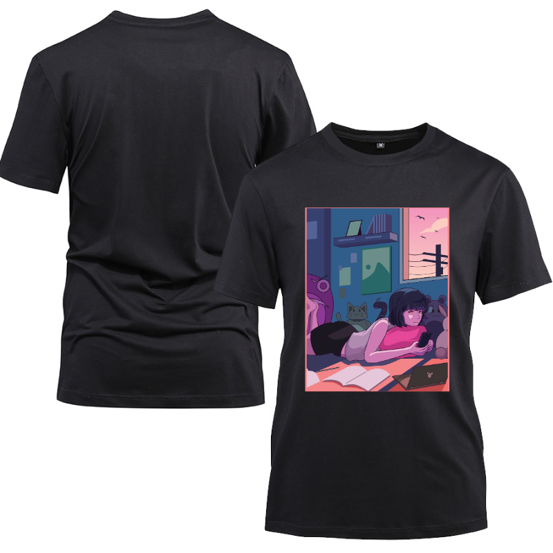 Anime Japanese The Cute Girl Relax on The Bed Cotton Black Short Sleeve T-Shirt