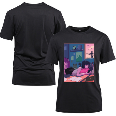 Anime Japanese The Cute Girl Relax on The Bed Cotton Black Short Sleeve T-Shirt