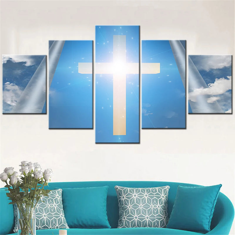 Christian Cross on Sky design 5 Panels Painting Canvas Wall Decoration