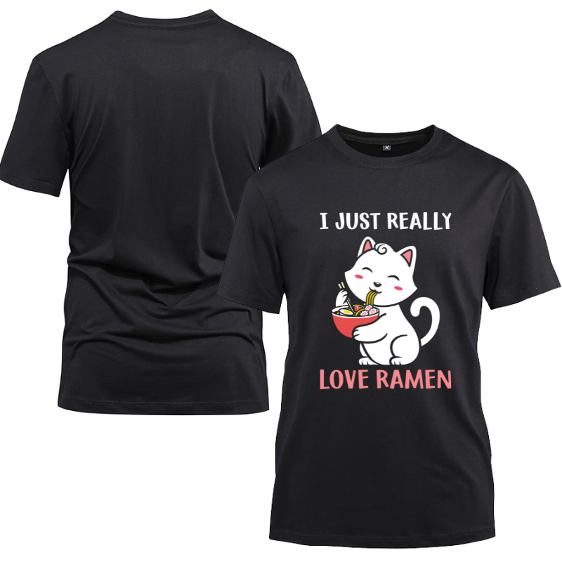 Love Ramen Japanese Kawaii Anime Cat Anime Cotton Black Short Sleeve T-Shirt