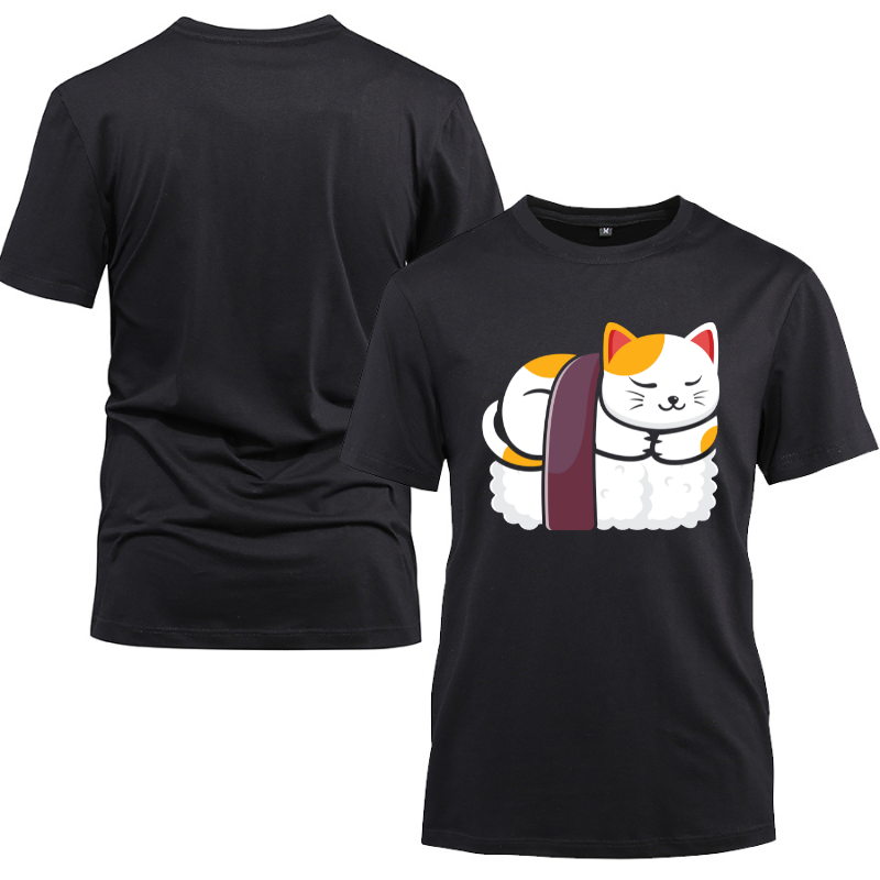 Sushi Cat Kawaii Anime Neko Japanese Cotton Black Short Sleeve T-Shirt