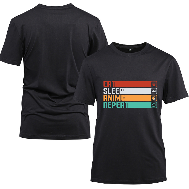 Eat Sleep Anime Repeat Anime Cotton Black Short Sleeve T-Shirt