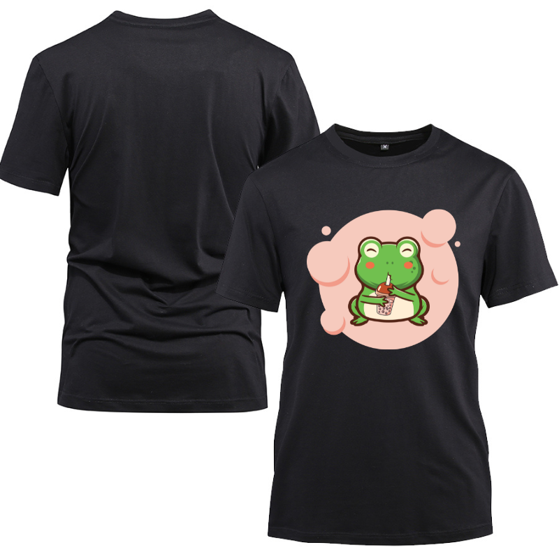 Frog Boba Tea Bubble Kawaii Anime Cotton Black Short Sleeve T-Shirt