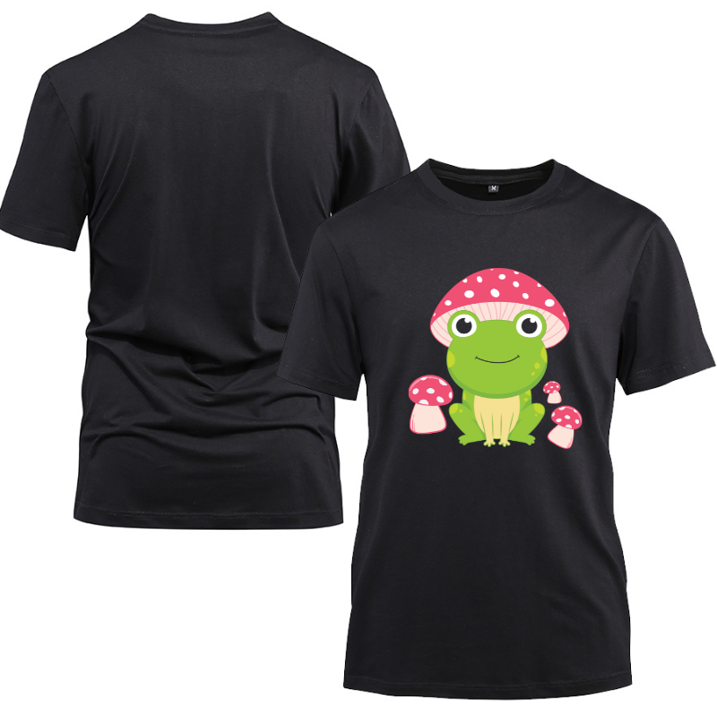 Kawaii Frog with Mushroom Hat Cotton Black Short Sleeve T-Shirt