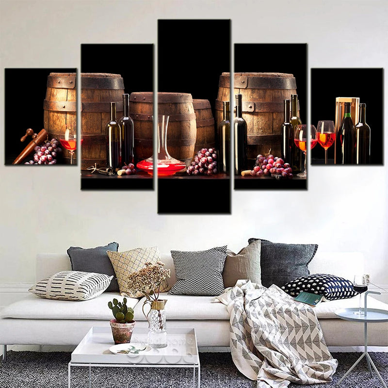 Red Wine Barrel Classic 5 Panels Painting Canvas Wall Decoration