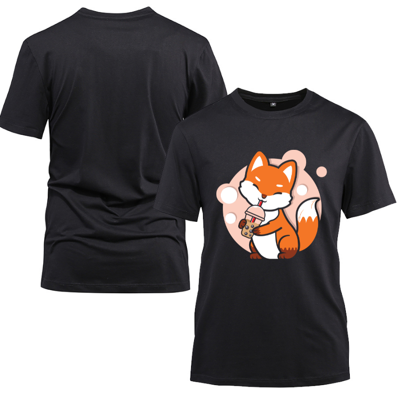 Fox Boba Tea Bubble Tea Anime Kawaii Fox Cotton Black Short Sleeve T-Shirt