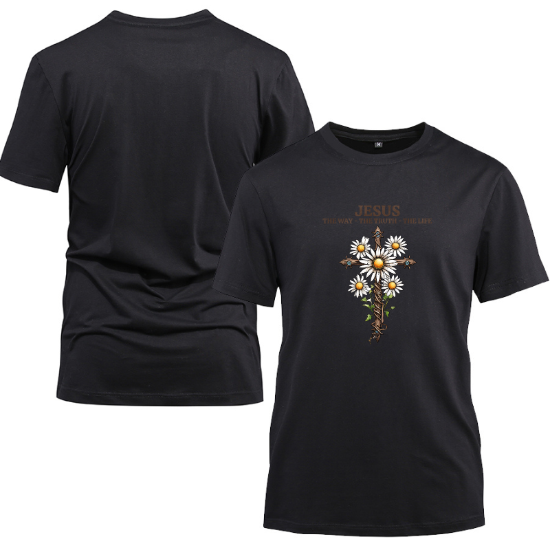 Jesus The Way Truth Life Cross Cotton Black Short Sleeve T-Shirt