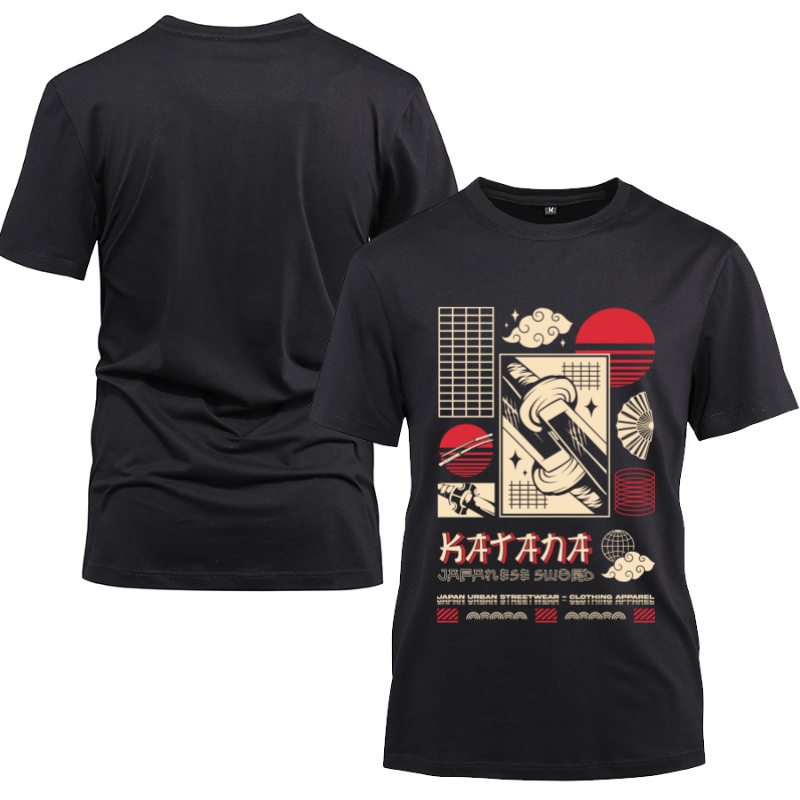 Japan Streetwear Katana Japanese Sword Cotton Black Short Sleeve T-Shirt