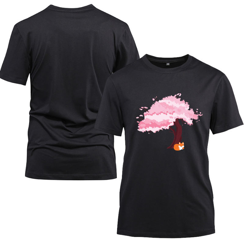 Kawaii Fox Japanese Cherry Blossom Cotton Black Short Sleeve T-Shirt