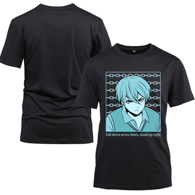 Anime Japanese Streetwear Fall down seven times Cotton Black Short Sleeve T-Shirt